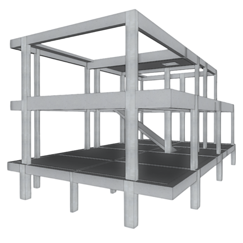 Modelo tridimensional em 3D de um elemento de concreto armado, exibindo o volume e a conexão exata entre uma viga e um pilar de concreto.